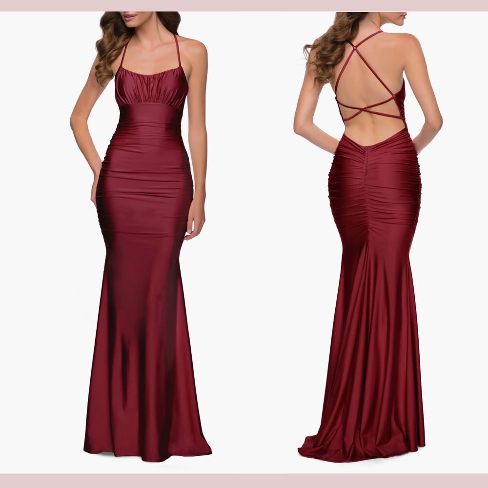 NWT $328 La Femme [ 8 ] 29873 Shiny‎ Jersey Trumpet Gown in Burgundy Red